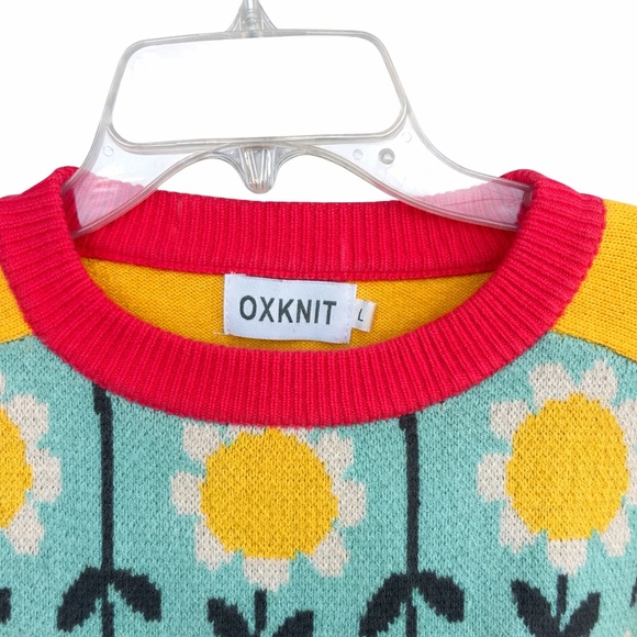 OXKNIT Floral Knit Sweater Size L Yellow Blue Retro Daisy Pullover - Picture 3 of 3